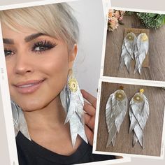 Discover the elegance and charm of our handmade Silver Leather Feather Earrings. Perfectly crafted from high-quality, shiny silver leather, these earrings are designed to make a statement while being incredibly lightweight and comfortable.  ✔Handmade Excellence: Each pair is meticulously crafted from top-quality leather ✔Unique Design: Featuring a layered fringe leaf or  feather design, these earrings are big, bold, and beautiful. A brass sun pendant adds a touch of bohemian elegance ✔Comfort an Nickel-free Dangle Wrap Earrings For Party, Handmade Silver Wrap Earrings For Party, Layered Fringe, 25th Anniversary Gift, Sun Pendant, Light Earrings, Feather Design, Gift For Wife, Feather Earrings