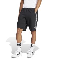 Three stripes for the win! In the adidas 3-Stripe Men's Shorts, you'll be repping your brand with these shorts that are so obviously adidas with their three-stripes. The elastic waistband means they'll stay up well but doesn't require you to be uncomfortable with a button or tight fit. These are ideal for on and off the court and are easy to match with a tee or even a hoodie (if you're into that look in the winter).Features: Features three stripes down side. Has adidas logo on the leg. Elastic w