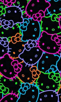 an image of many hello kitty wallpapers on a black background with neon colors