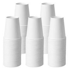 six white cups are lined up in a row