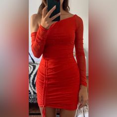 Gorgeous Dress Fitted & Thick Non See Through Material, Hugs Your Body And Accentuates The Curves! Size 10 But Can Fit Size 8 And Size 12, Very Stretchy Never Worn With Tags Long Sleeve Party Dress With Ruched Sides, Red Ruched Dresses For Party Season, Red Fitted Mini Dress With Ruched Sides, Fitted Red Mini Dress With Ruched Sides, Red Ruched Mini Length Bodycon Dress, Red Ruched Stretch Mini Dress, Red Ruched Draped Mini Dress, Red Knee-length Club Mini Dress, Red Draped Mini Dress With Ruched Detail