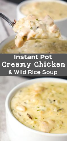 instant pot creamy chicken and wild rice soup is shown with a spoon full of soup