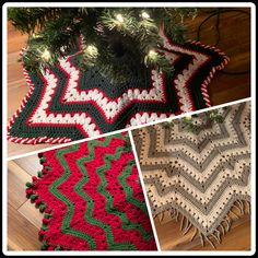 crocheted christmas tree skirt with lights on the top and bottom, next to a pine tree