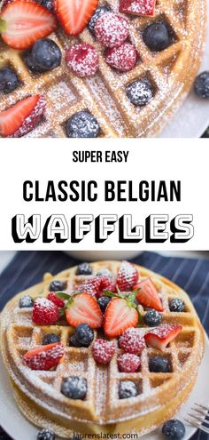 the waffles are topped with fresh berries and powdered sugar for a delicious breakfast