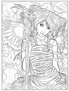 a coloring page with a girl holding a bird