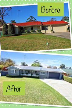 before and after photos of a house with grass in the front yard, then on the back lawn