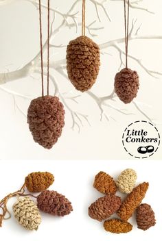 crocheted pinecone ornaments are hanging from branches