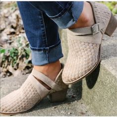 Size 7.5 New Without Tags. Minor Marks On Sole From Try On. Set On A Mid Stacked Heel, These Suede Ankle Boots By Rebels Add A Western Touch To Any Look With A Woven Construction And Buckle Detail. Outer Side Buckle Closure Almond Toe 2" Chunky Heel, 3" Shaft Height, 13.5" Calf Circumference Medium Width Material Leather Distressed Look/Wear Upper: Suede; Heel: Rubber Beige Closed Toe Booties For Fall, Beige Closed Toe Heels For Fall, Beige Round Toe Heels For Fall, Casual Beige Boots With Block Heel, Casual Summer Boots With Buckle Closure, Spring Ankle Boot Heels With Buckle Closure, Casual Beige Round Toe Heels, Casual Fall Heels With Heel Strap, Casual Heels With Heel Strap For Fall