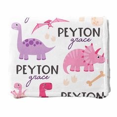 pink dinosaur personalized kids blanket Personalized Water Bottles Kids, Weight Blanket, Dino Kids, Personalized Nursery Decor, Baby Crib Sheets, Block Font, Cuddling On The Couch, Girl Dinosaur, Dinosaur Nursery