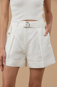 Adjustable belted shortFeaturing tilted side pockets and flattering pleats along the frontside Fitted Linen Shorts With Belt Loops, Belted High-waisted Cotton Shorts, Cotton High-waisted Shorts With Belt Loops, Summer Shorts With 5-inch Inseam And Belt Loops, White High-waist Shorts With Button Closure, Overland Park Kansas, Customer Service Gifts, Belted Shorts, Overland Park