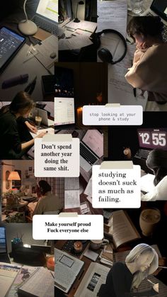 a collage of photos with people working on laptops and other things in the background