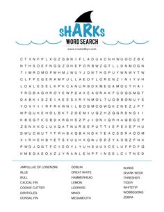 the shark word search is shown in blue and white, with words below it that spell out