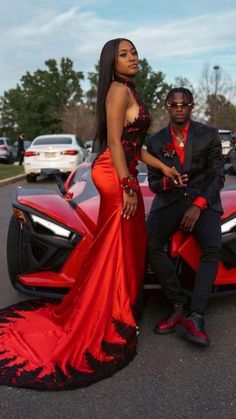 Matric Dance Couple Outfits, Prom Couples Ideas, Red Carpet Themed Prom Dress, Prom Duo Outfits, Prom Couple 2023, Prom Looks 2023 Black, Couples Prom Ideas, Prom Outfits Black Couples, Red Black Prom Couple