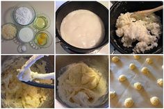 four pictures showing different stages of making dough