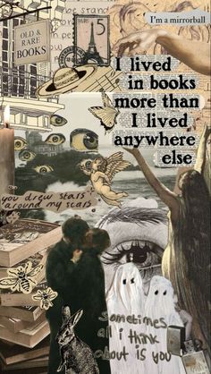 an altered collage with words and pictures on it, including two people standing next to each other