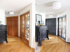 two pictures of the same room, one with wood floors and another with white walls