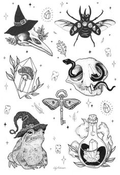 an ink drawing of different things on the back of a tattoo design, including a skull and