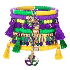 PRICES MAY VARY. Mardi Gras Bracelets: Bring some cute bold, dynamic style to your accessory collection with this festive Mardi Gras beaded bracelet set. This Fat Tuesday bracelet set comes with 9 beaded stretch bracelets, features purple green and gold beads on an elastic band, adorned to create a fun piece of Mardi Gras jewelry! Wear these Mardi Gras bracelets with other gold, green, and purple accessories and apparel, you'll be the most stylish one at the Mardi Gras party. Mardi Gras Accessor Mardi Gras Bracelet, Bracelets Preppy, Mardi Gras Jewelry, Party Favor Gifts, Bracelets Green, Stacked Beaded Bracelets, Irish Festival, Purple Beaded Bracelets, Gold Stretch Bracelet