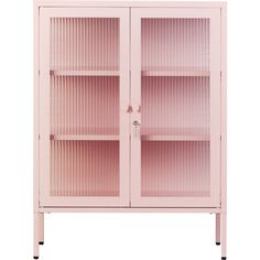 a pink bookcase with glass doors on the front and bottom, against a white background