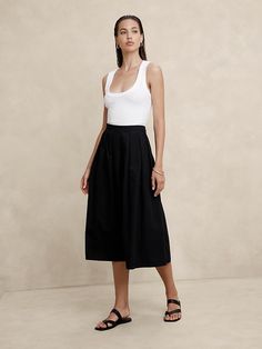 Poplin Pleated Midi Skirt | Banana Republic Factory Flattering Midi Skirt For Summer, Elegant Summer Skirt With Wide Waistband, Stretch Flared Skirt With Pleated Waist, Summer Flared Skirt With Wide Waistband, Versatile Fitted Flared Skirt, Lined Asymmetrical Skirt For Work, Versatile Lined Skirt For Workwear, Asymmetrical Lined Skirt For Work, Versatile Long Skirt With Lined Detail