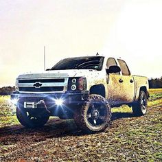 a white truck parked in the middle of a field with sun shining on it's hood