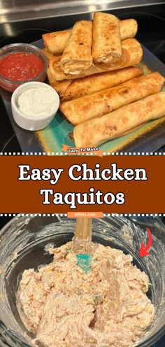 easy chicken taquito recipe in a glass bowl with dipping sauce on the side