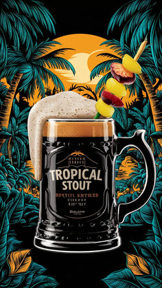 a beer mug with some fruit on the top and palm trees in the back ground