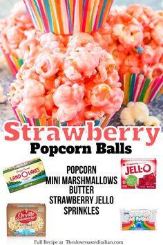 an advertisement for strawberry popcorn balls with the words, pop corn and marshmallows