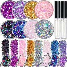 PRICES MAY VARY. ✮8 COLORS OF COSMETIC CHUNKY GLITTER: Magic Purple Holo; Silver Holo; Pink Holo; Purplish Red Holo; Light Pink&White Holo; Black Holo; Gold Holo; Purplish Blue Holo. Muti-colored options for your Party makeup DIY Deco Design. ✮7 SIZES&SHAPES: the glitter consist of HEXAGON; STAR; HEART and UNICORN.; all the fancy shapes you could imagine, its included.8 boxes sizes are 0.2mm & 0.6mm & 1mm & 1.6mm & 2mm & 3mm & 6mm mixed which perfect for body& Face& Hair make up& nail arts decor Magic Purple, Makeup Nails Art, Glitter Face, Skincare Cosmetics, Diy Deco, Cosmetic Glitter, Glam And Glitter, Loose Glitter, Glitter Glue