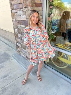 Sweet citrus prints and vibrant colors pair to make a timeless dress! Sweet Citrus, Timeless Dress, And July, Color Pairing, V Neck Dress