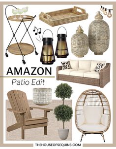 an assortment of patio furniture and accessories with text overlay that reads amazon patio edit