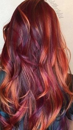 Dark Red Hair With Blonde Highlights Balayage, Burgundy Hair With Copper Highlights, Copper Hair With Purple Highlights, Ginger Purple Hair, Purple And Copper Hair, Copper Purple Hair, Vibrant Red Hair Color With Highlights, Kitten Hairstyle, Bright Red Peekaboo Hair