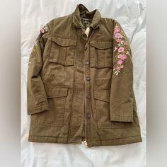 Nwt: Embroidered Army Coat. Size Small. Measurements In The Pictures. Tiny Discoloration Pictured. Pink Cotton Outerwear With Floral Embroidery, Green Cotton Outerwear With Floral Embroidery, Peplum Coat, Zara Puffer, Army Coat, Sleeveless Vest Jacket, Light Blue Jacket, Purple Blazer, Buffalo Plaid Flannel