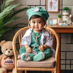 a baby sitting in a chair with a stethoscope on it's head