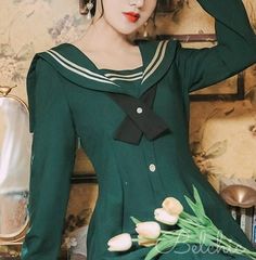 ❤Cross Ribbon Tucked Sailor Dress❤ Dark Green Fitted Casual Dress, Fitted Dark Green Casual Dress, Casual Fitted Dark Green Dress, Green Vintage Winter Dress, Vintage Green Winter Dresses, Preppy Fitted Knee-length Dresses, Retro Winter Day Dresses, Retro Green Dress For Work, Retro Winter Daywear Dresses