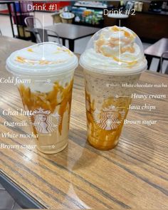 two starbucks drinks sitting on top of a table with information about the different beverages in each cup