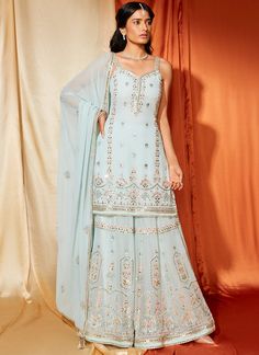 Powder Blue Embroidered Georgette Sharara Suit– Lashkaraa Light Blue Indian Suit, Powder Blue Sharara, Light Blue Indian Dress, Light Blue Punjabi Suit, Light Blue Sharara Suit, Sleeveless Sharara Suits, Light Blue Indian Outfit, Light Blue Sharara, Sleeveless Suit Design