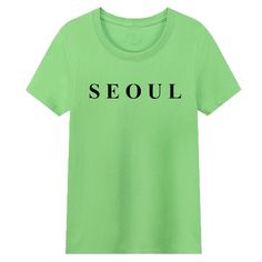 Seoul Letters Printed Women T Shirts Korea Style Graphic Tshirt Cotton Size White T-shirts Summer Fashion Ladies Tops Basic Green Shirt With Letter Print, Green Basic Shirt With Letter Print, Basic Green T-shirt With Text Print, Green Crew Neck Top With Text Print, Green Short Sleeve Shirt With Slogan, Green Cropped T-shirt With Letter Print, Green Crew Neck Shirt With Text Print, White T Shirts, Korea Style