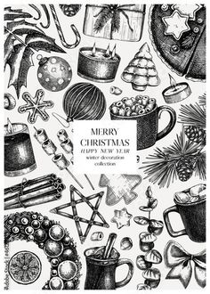 a black and white drawing of christmas items on a paper with the words merry christmas written in