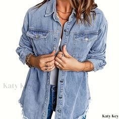 Katykey - Womens Long-sleeve Lapel Denim Jacket with Raw Hem and Flap Pockets - Versatile and Stylish Addition to Your Denim Collection Long Sleeve Denim Jacket With Frayed Hem For Everyday, Everyday Long Sleeve Denim Jacket With Frayed Hem, Everyday Denim Jacket With Frayed Hem And Long Sleeves, Fall Cotton Denim Top With Pockets, Washed Blue Long Sleeve Denim Top With Pockets, Blue Long Sleeve Denim Top With Frayed Hem, Long Sleeve Denim Top With Pockets For Fall, Denim Blue Long Sleeve Top With Pockets, Long Sleeve Denim Top With Frayed Hem