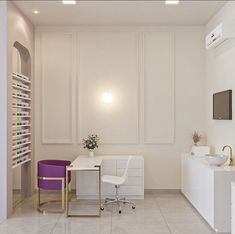 a white and purple room with a desk, chair, sink and television on the wall