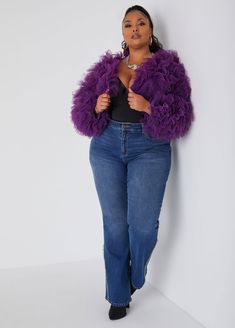 Elevate your evening ensemble with this statement-making cropped ruffled tulle shrug. This elegant piece features an open front, perfect for layering over your favorite cocktail or formal attire. A true showstopper for special occasions. Purple Magic, Plus Size Trendy, Evening Jacket, Evening Jackets, Ashley Stewart, Formal Attire, Jacket Style, Front Open, Plus Size Fashion