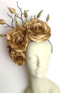 Gold Fascinator -Ladies luncheon- Kentucky Derby- Flower Fascinator - Metallic Rose Headband -Wedding- Garden Party Hello, This fascinator is made with 3 roses and magnolia blossoms and twigs that are about 4 inches. It is attached to a satin covered skinny headband and is adjustable. It's very comfortable and will fit any size head. I've been making hair pieces over 20 years. I love what I do and I hope you do too! ------------------------------------------------- I ship US Postal Service. USA Diy Derby Fascinator, Gold Fascinator, Rose Headpiece, Garden Party Outfit, White Fascinator, Floral Fascinators, Headpiece Flower, Kentucky Derby Fascinator, Flower Headdress