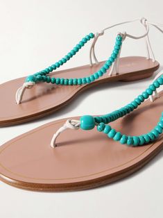 Turquoise Leather Sandals For Summer, Beaded T-strap Sandals For Beach, Turquoise Sandals With Removable Insole For Beach, Turquoise Beach Sandals With Removable Insole, Turquoise Sandals For Summer, Turquoise Leather Sandals For Beach, Aquazzura Flats, Beaded Leather Sandals, Aquazzura Shoes