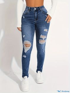 Orcajump - Dark Blue Ripped Holes Skinny Jeans, Slim Fit Mid-Stretch Distressed Tight Jeans, Women's Denim Jeans & Clothing Women's Denim Jeans, Women Denim Jeans, Jeans Slim, Jean Outfits, Ripped Jeans, Vintage Prints, Denim Jeans, Dark Blue, Tights