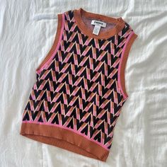 Super Fun And Funky Crewneck Sweater Vest!! Cute As Is Or Lawyered With A Turtleneck. Never Worn Cleaning Out My Closet So Feel Free To Make An Offer! Retro Pink Top With Retro Print, Casual Pink Tops With Retro Print, Spring Retro Print Pink Top, Retro Pink Sleeveless Top, Brown Sweater Vest, Brown Sweater, Pink Brown, Crewneck Sweater, Colorful Fashion