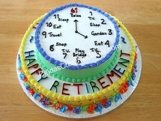 two birthday cakes sitting on top of a wooden table with the words happy retirement written on them