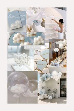 a collage of photos with balloons, clouds and wedding cards on it's wall