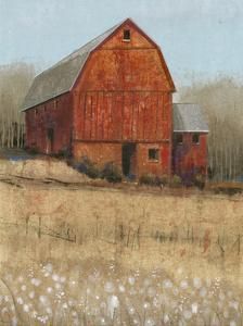 an oil painting of a red barn in the country