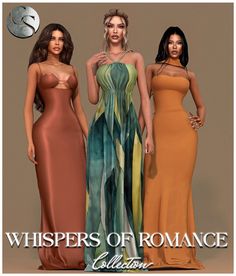 three beautiful women standing next to each other in dresses with the words whispers of romance collection